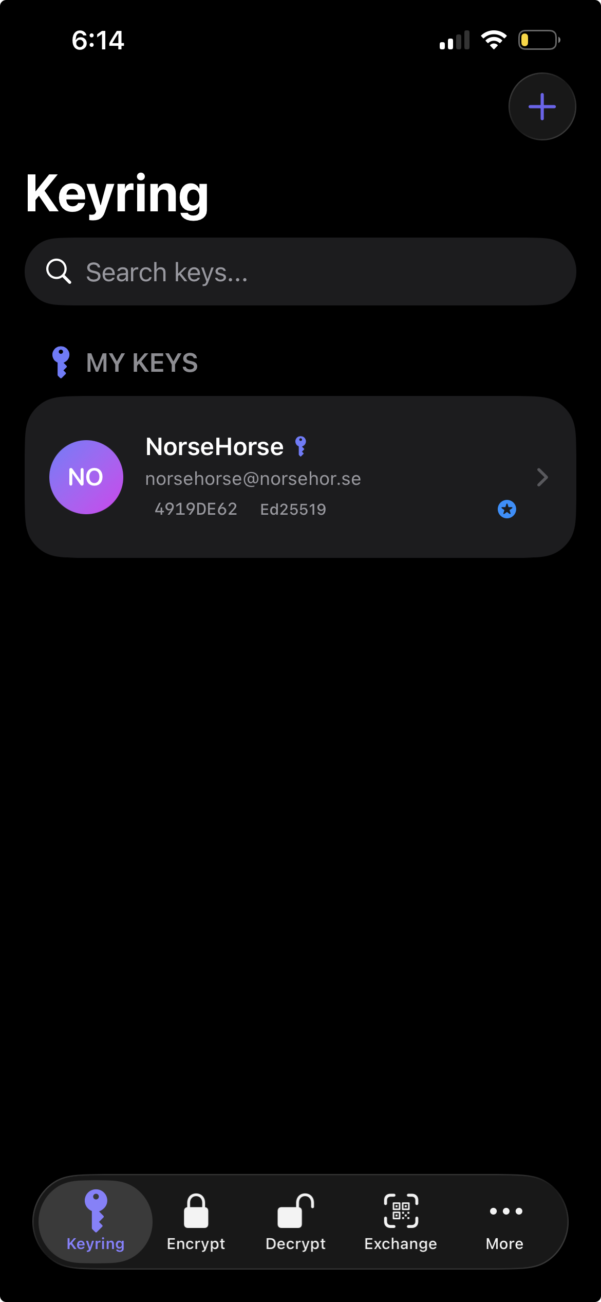 PGPony Keyring tab — your keys at a glance